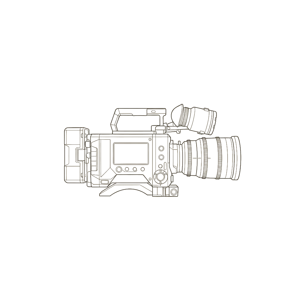 Wireframe of a cinema camera, studio light, and clapperboard